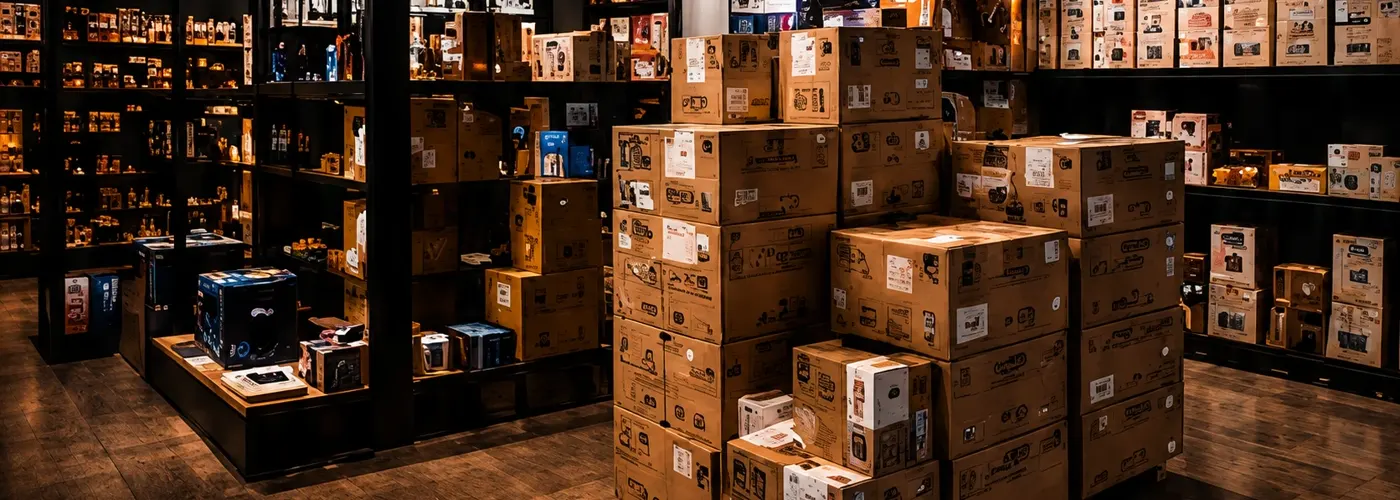 Depósito de HTG Mayorista con cajas de productos