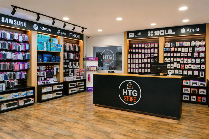 Mostrador de HTG Store con exhibidores de SOUL y Apple
